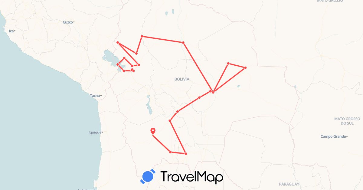 TravelMap itinerary: driving, hiking in Bolivia (South America)